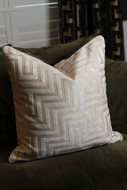 Ivory Amaze Velvet Cut Cushion – Large styled view – Leya Buster Interiors