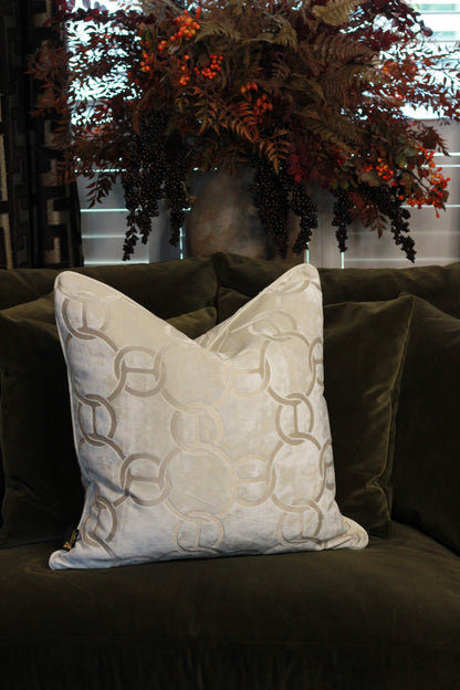Hooked Velvet Cushion Ivory styled view – Leya Buster Interiors