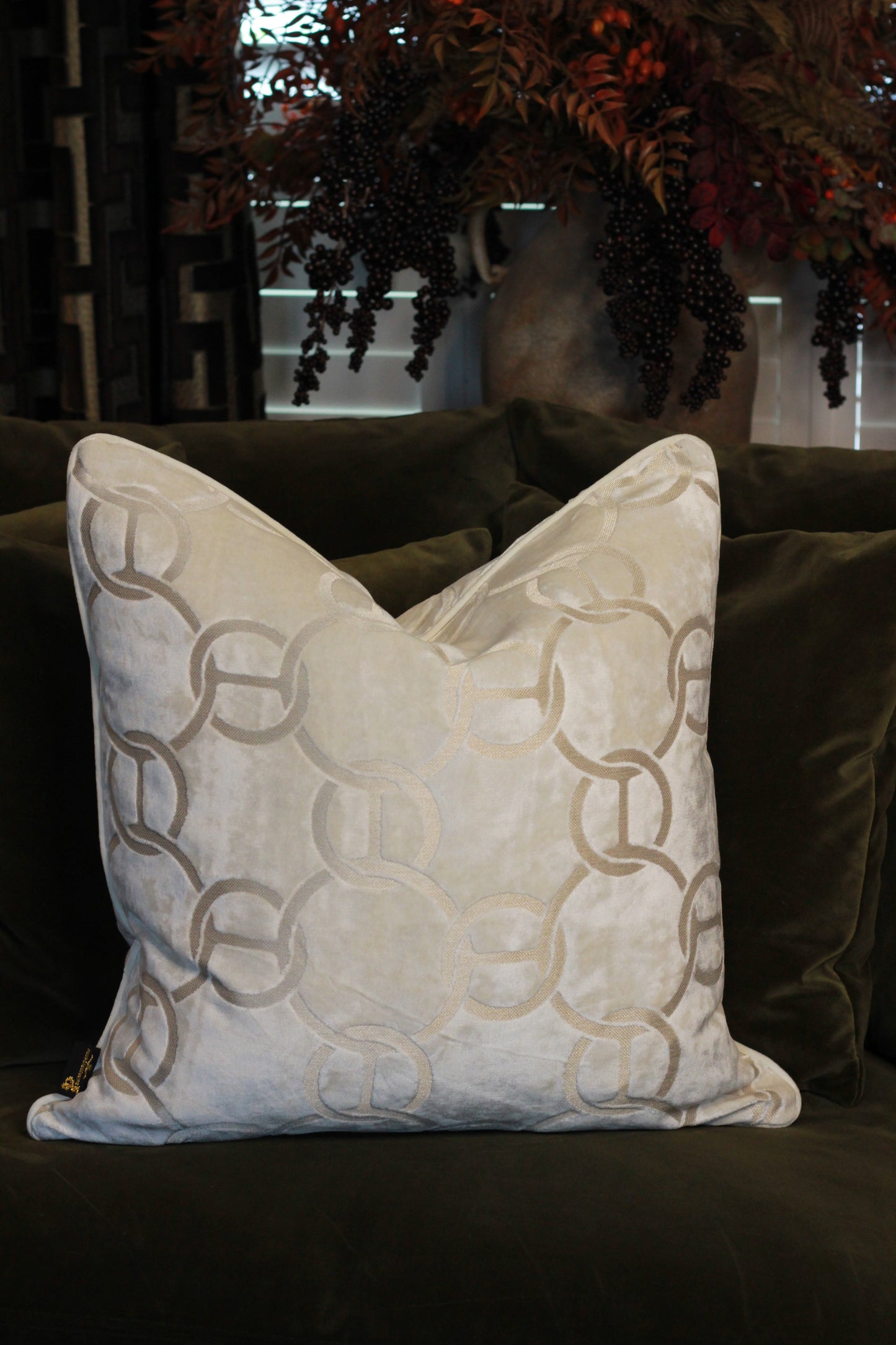 Hooked Velvet Cushion Ivory