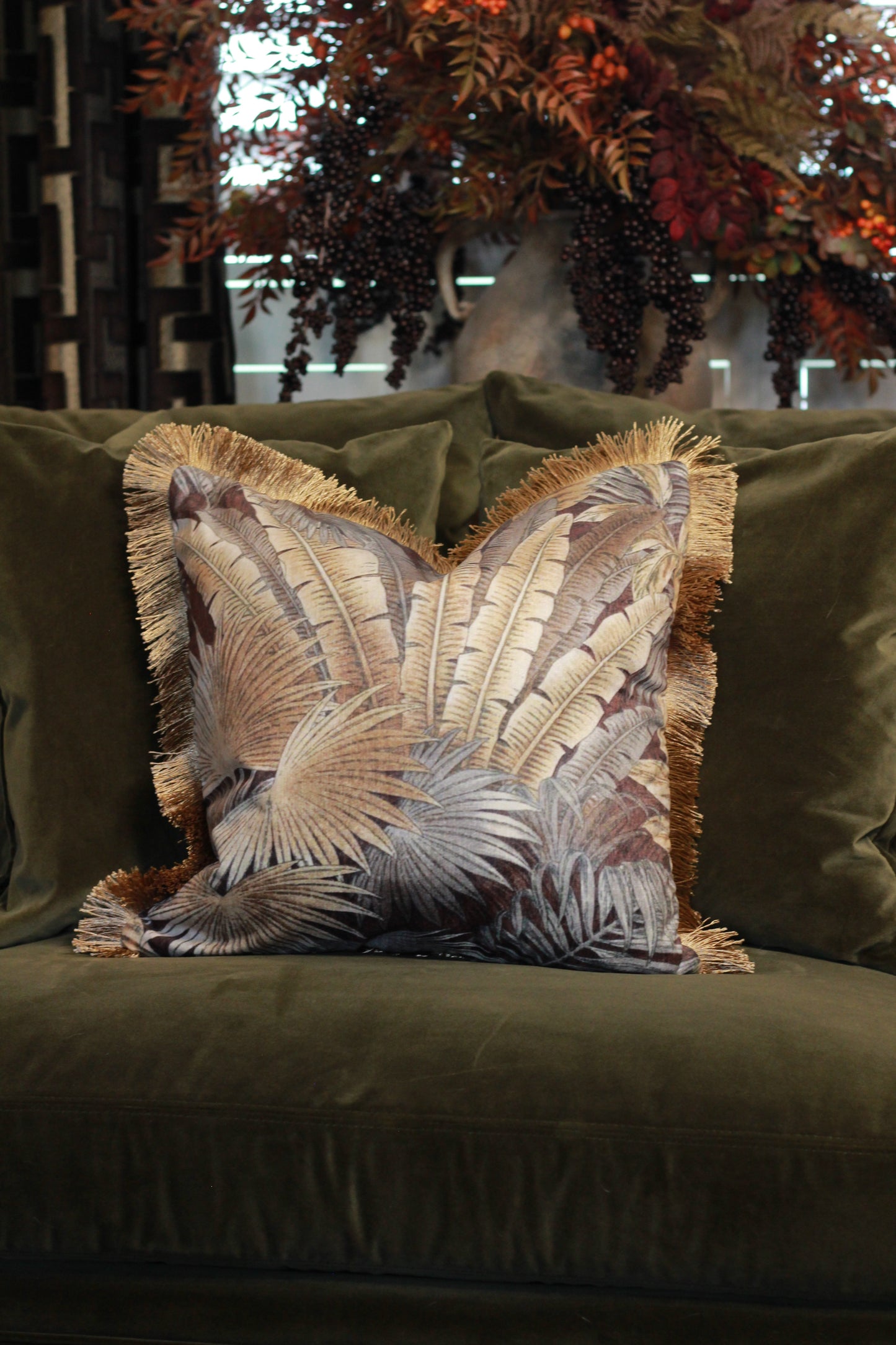 Palm Print Cushion with Fringe – 45x45cm