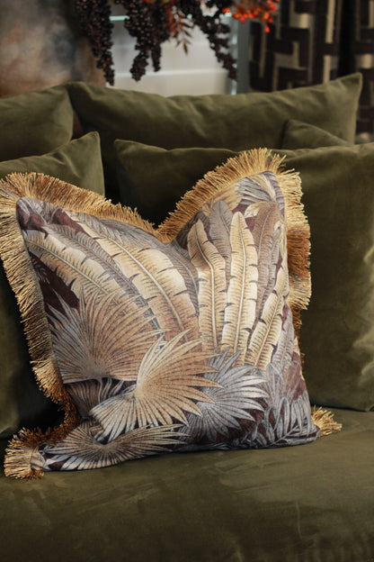 Palm Print Cushion with Fringe – 45x45cm styled view – Leya Buster Interiors