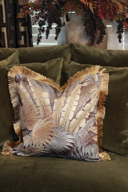 Palm Print Cushion with Fringe – 45x45cm styled view – Leya Buster Interiors