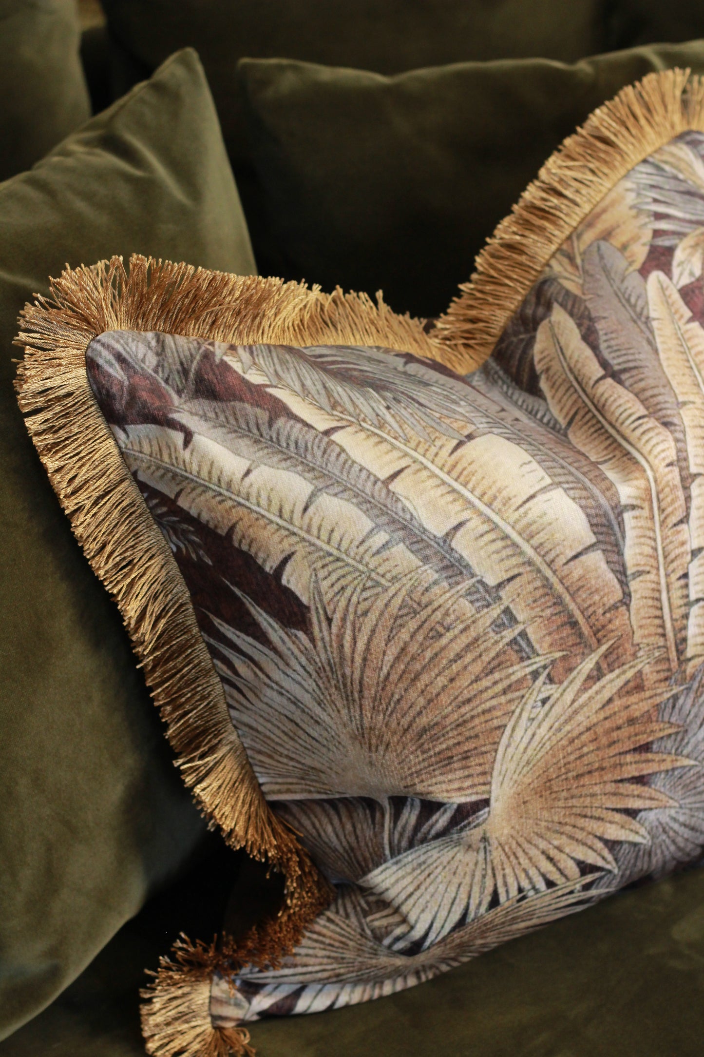 Palm Print Cushion with Fringe – 45x45cm