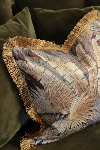 Palm Print Cushion with Fringe – 45x45cm styled view – Leya Buster Interiors