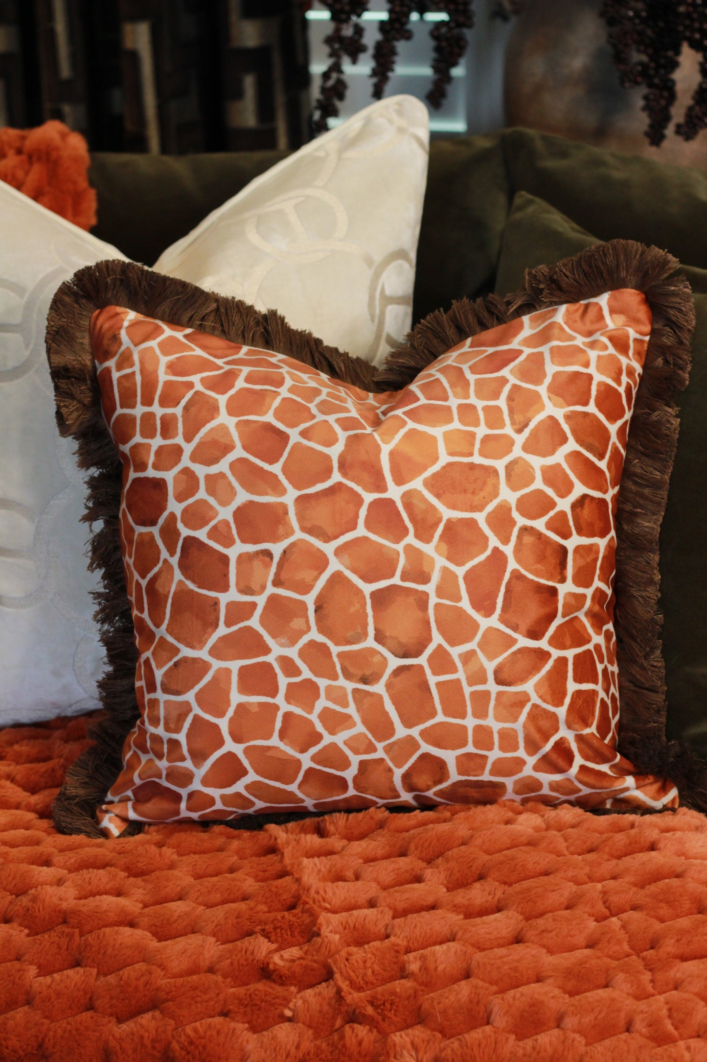 Fringed Orange Giraffe Print Cushion