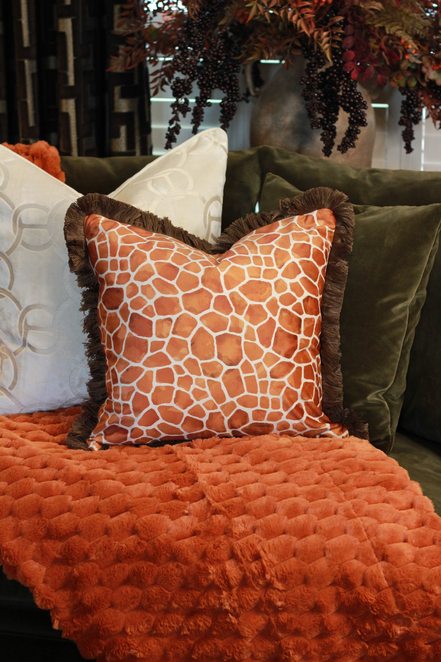Fringed Orange Giraffe Print Cushion