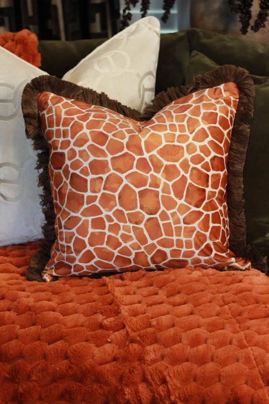 Fringed Orange Giraffe Print Cushion