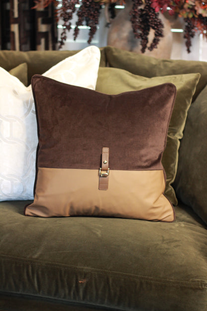 Buckle Cushion – Chocolate styled view – Leya Buster Interiors