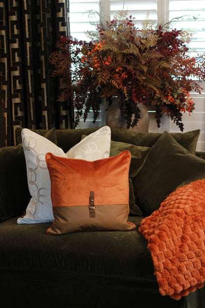 Buckle Cushion – Orange styled view – Leya Buster Interiors