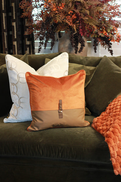 Buckle Cushion – Orange – decorative cushion at Leya Buster Interiors