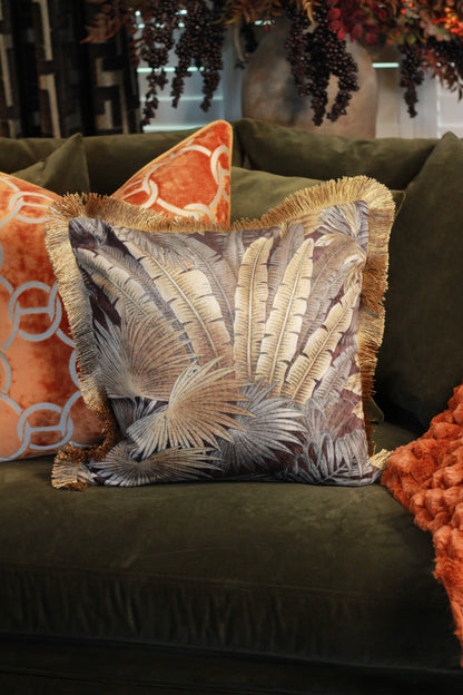 Palm Print Cushion with Fringe – 45x45cm detail – Leya Buster Interiors