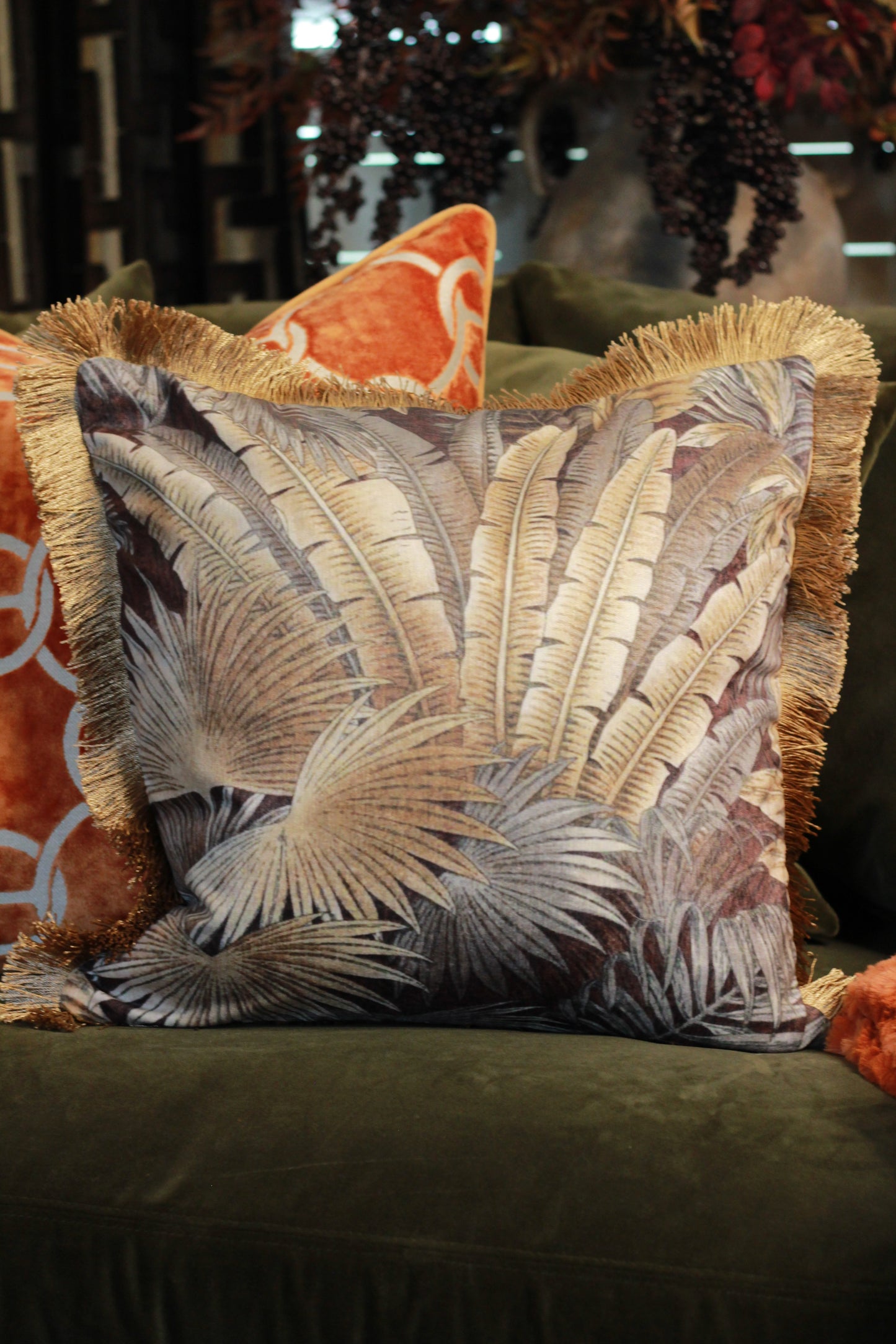 Palm Print Cushion with Fringe – 45x45cm