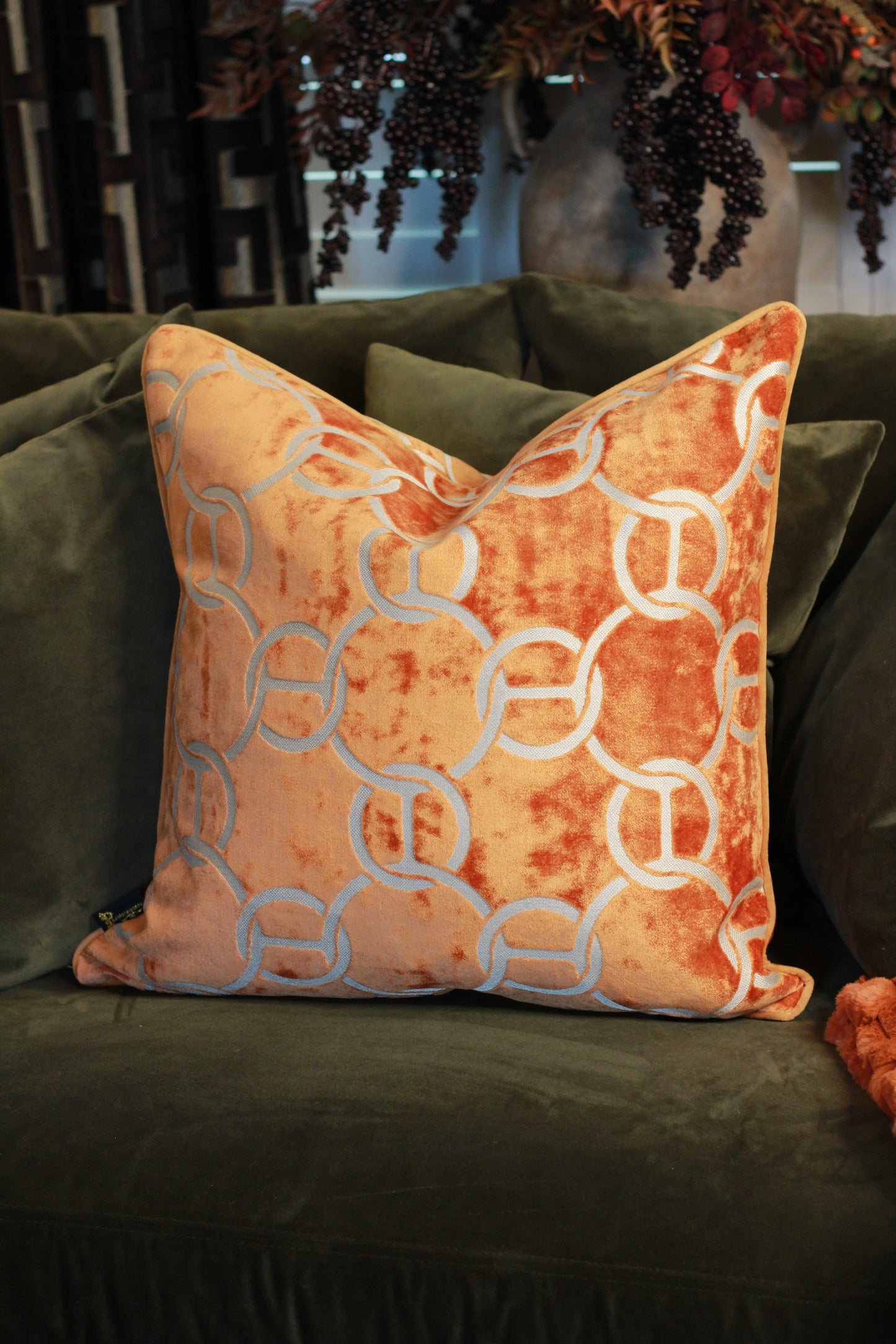 Hooked Velvet Cushion Orange