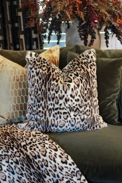 Eartha Leopard Print Faux Fur Cushion styled view – Leya Buster Interiors