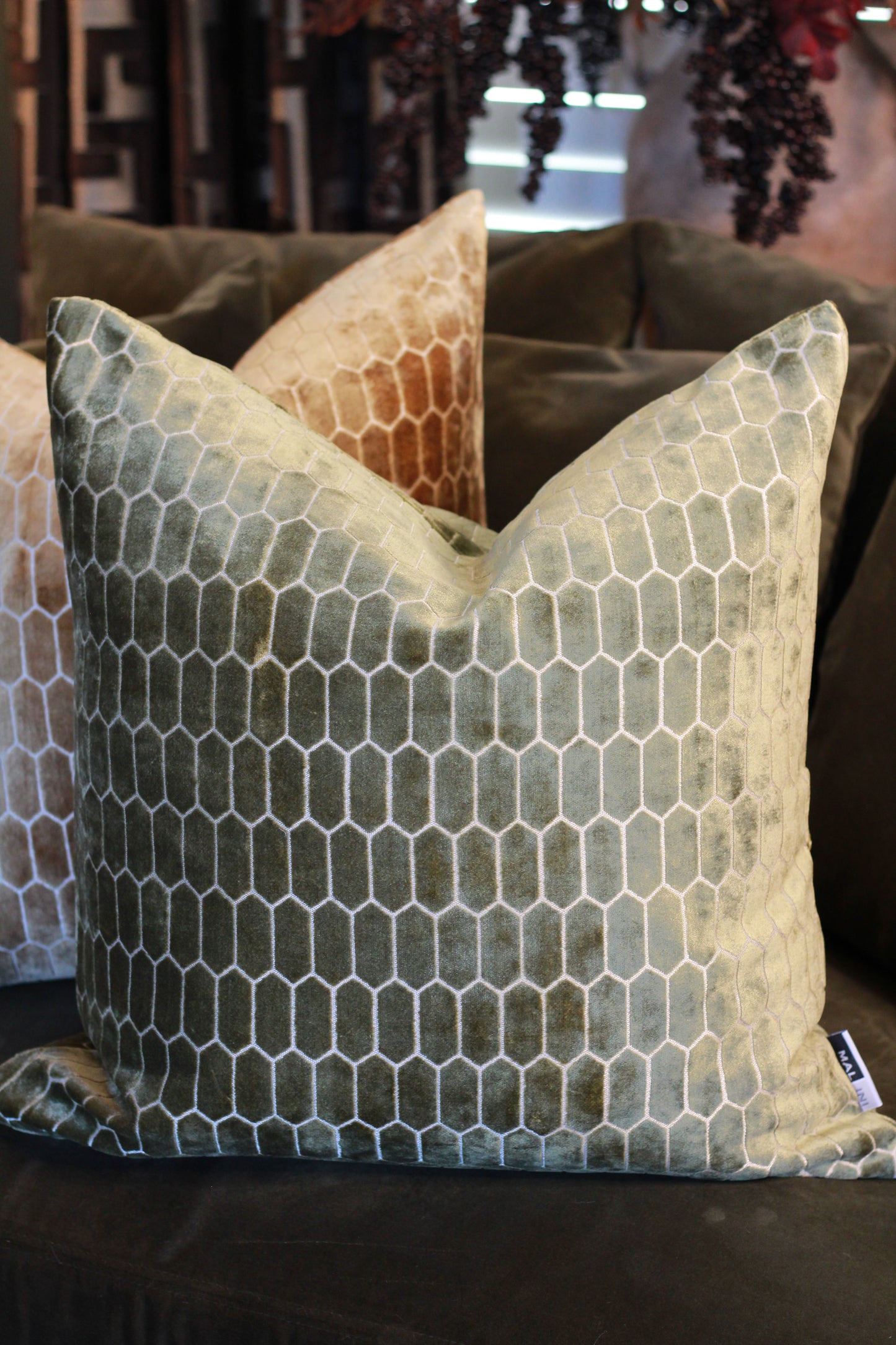 Sinclair Honeycomb Cushion – Olive Velvet