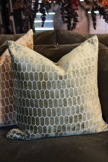 Sinclair Honeycomb Cushion – Olive Velvet styled view – Leya Buster Interiors