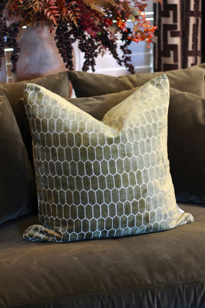 Sinclair Honeycomb Cushion – Olive Velvet styled view – Leya Buster Interiors
