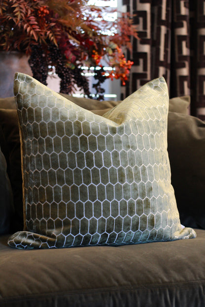 Sinclair Honeycomb Cushion – Olive Velvet – decorative cushion at Leya Buster Interiors