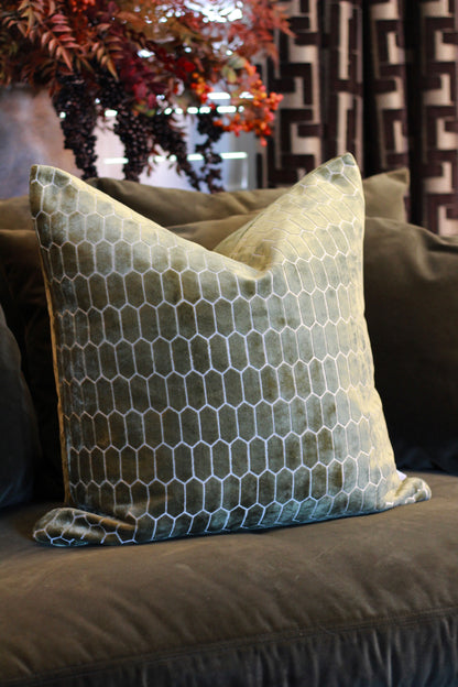 Sinclair Honeycomb Cushion – Olive Velvet styled view – Leya Buster Interiors