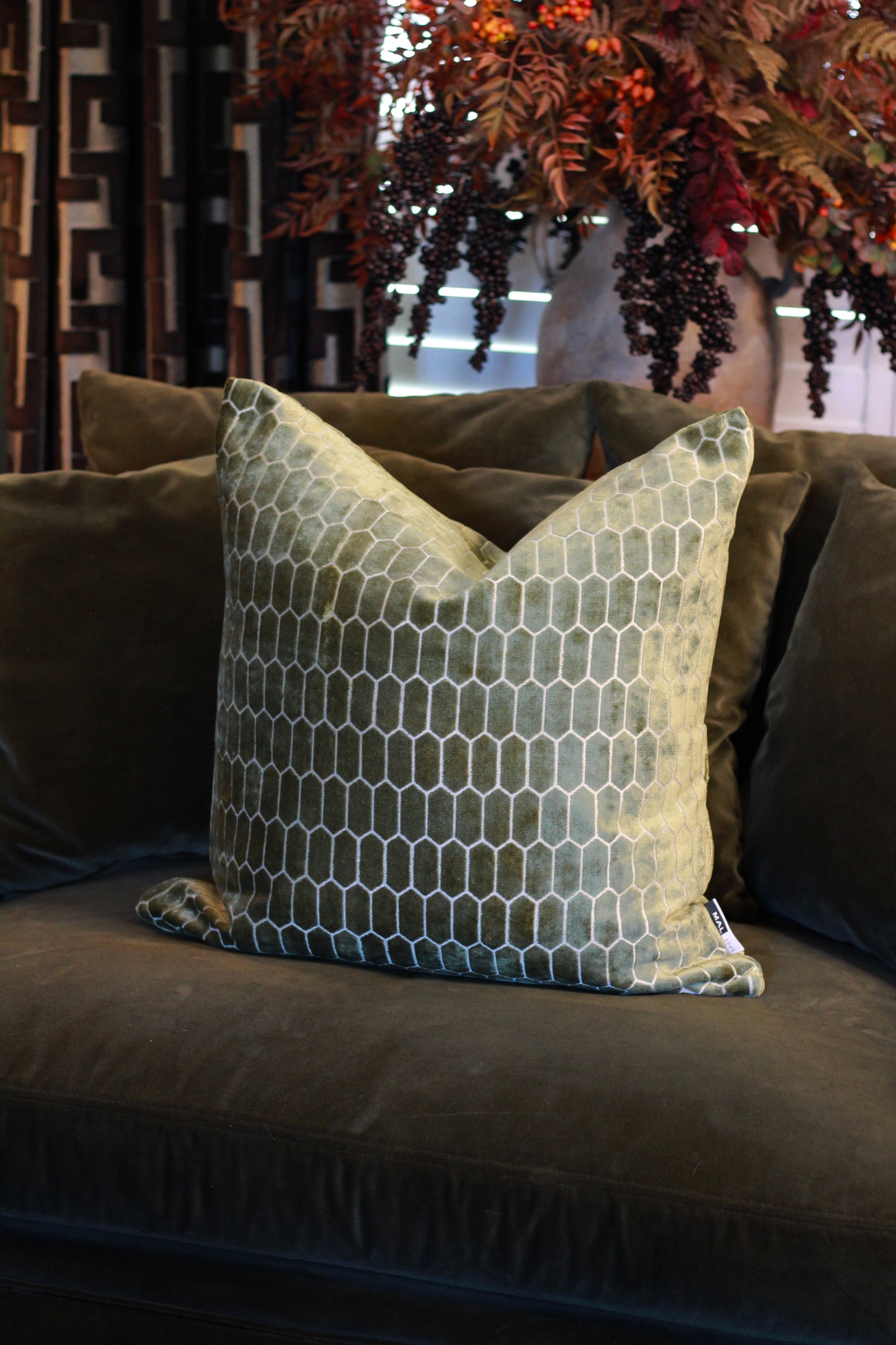 Sinclair Honeycomb Cushion – Olive Velvet