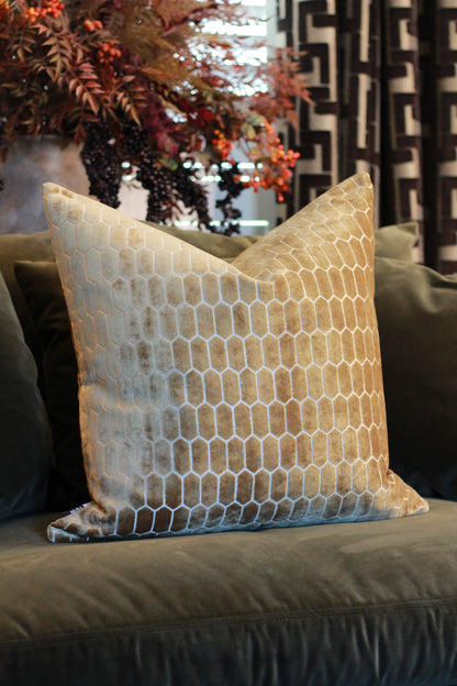 Sinclair Honeycomb Cushion – Whiskey Velvet styled view – Leya Buster Interiors
