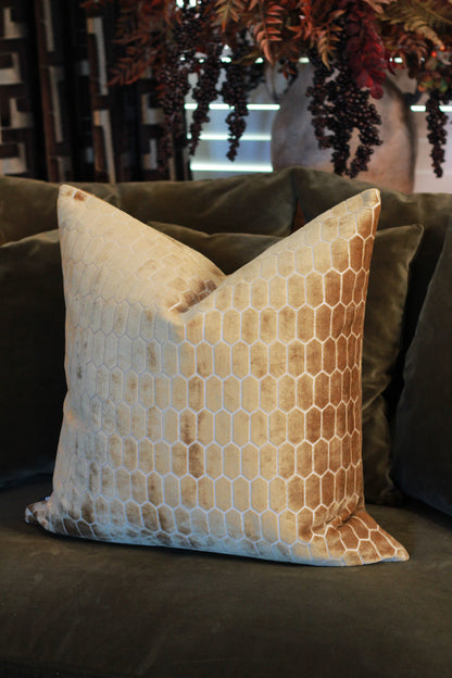 Sinclair Honeycomb Cushion – Whiskey Velvet styled view – Leya Buster Interiors