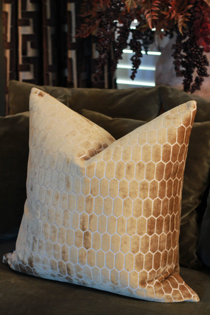 Sinclair Honeycomb Cushion – Whiskey Velvet styled view – Leya Buster Interiors