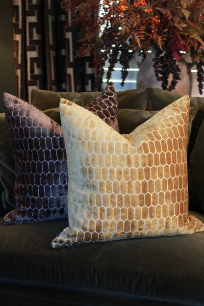 Sinclair Honeycomb Cushion – Whiskey Velvet styled view – Leya Buster Interiors