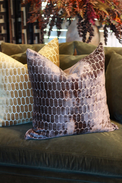 Sinclair Honeycomb Cushion – Chocolate Velvet styled view – Leya Buster Interiors