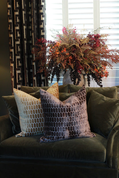 Sinclair Honeycomb Cushion – Chocolate Velvet styled view – Leya Buster Interiors