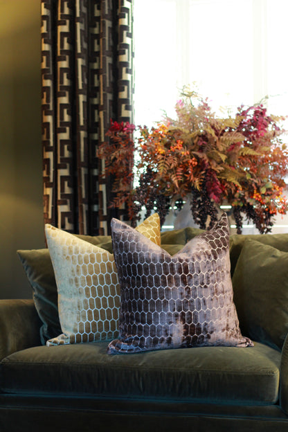 Sinclair Honeycomb Cushion – Chocolate Velvet styled view – Leya Buster Interiors