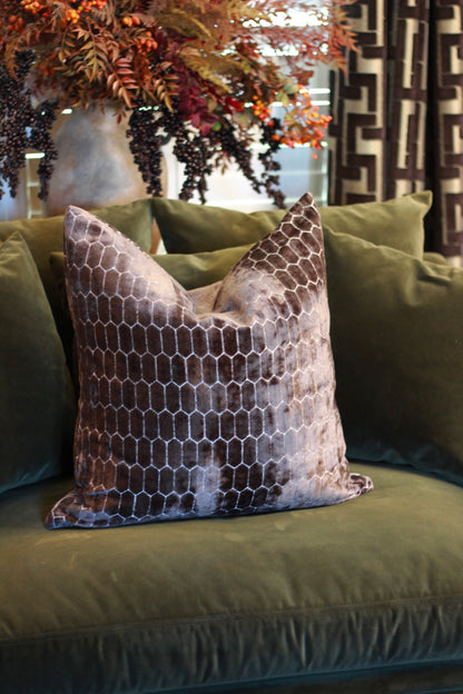 Sinclair Honeycomb Cushion – Chocolate Velvet – decorative cushion at Leya Buster Interiors