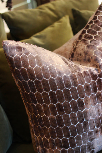 Sinclair Honeycomb Cushion – Chocolate Velvet styled view – Leya Buster Interiors