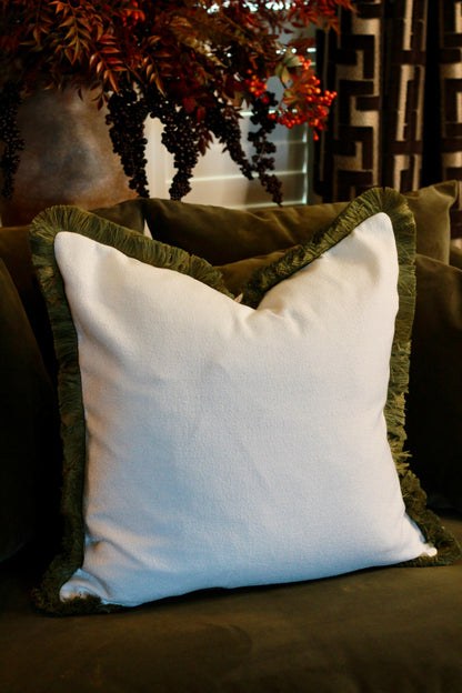 The Beaumont Cushion – Olive Fringe – decorative cushion at Leya Buster Interiors