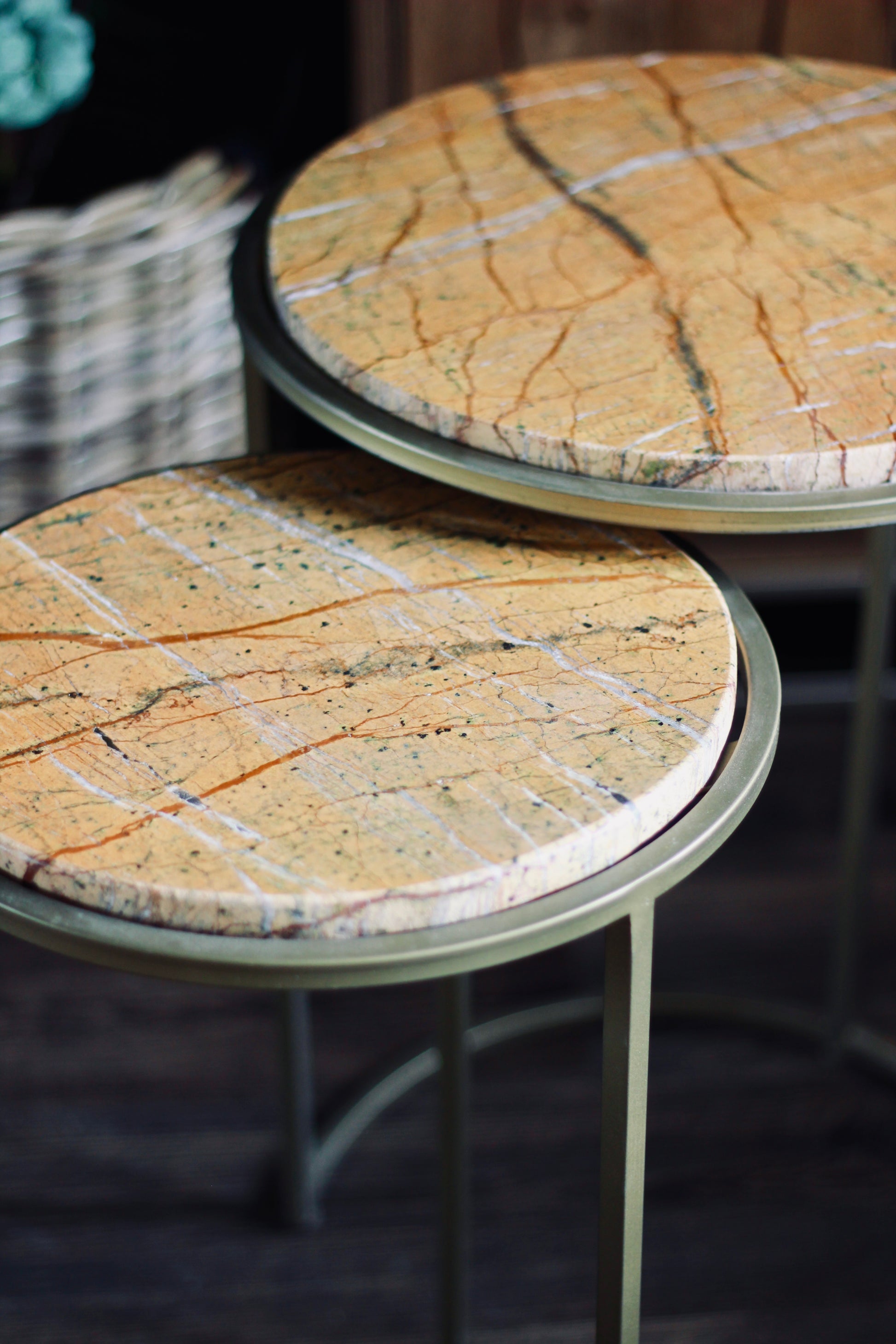 Ochre Rajasthani Marble Nest of Side Tables detail – Leya Buster Interiors