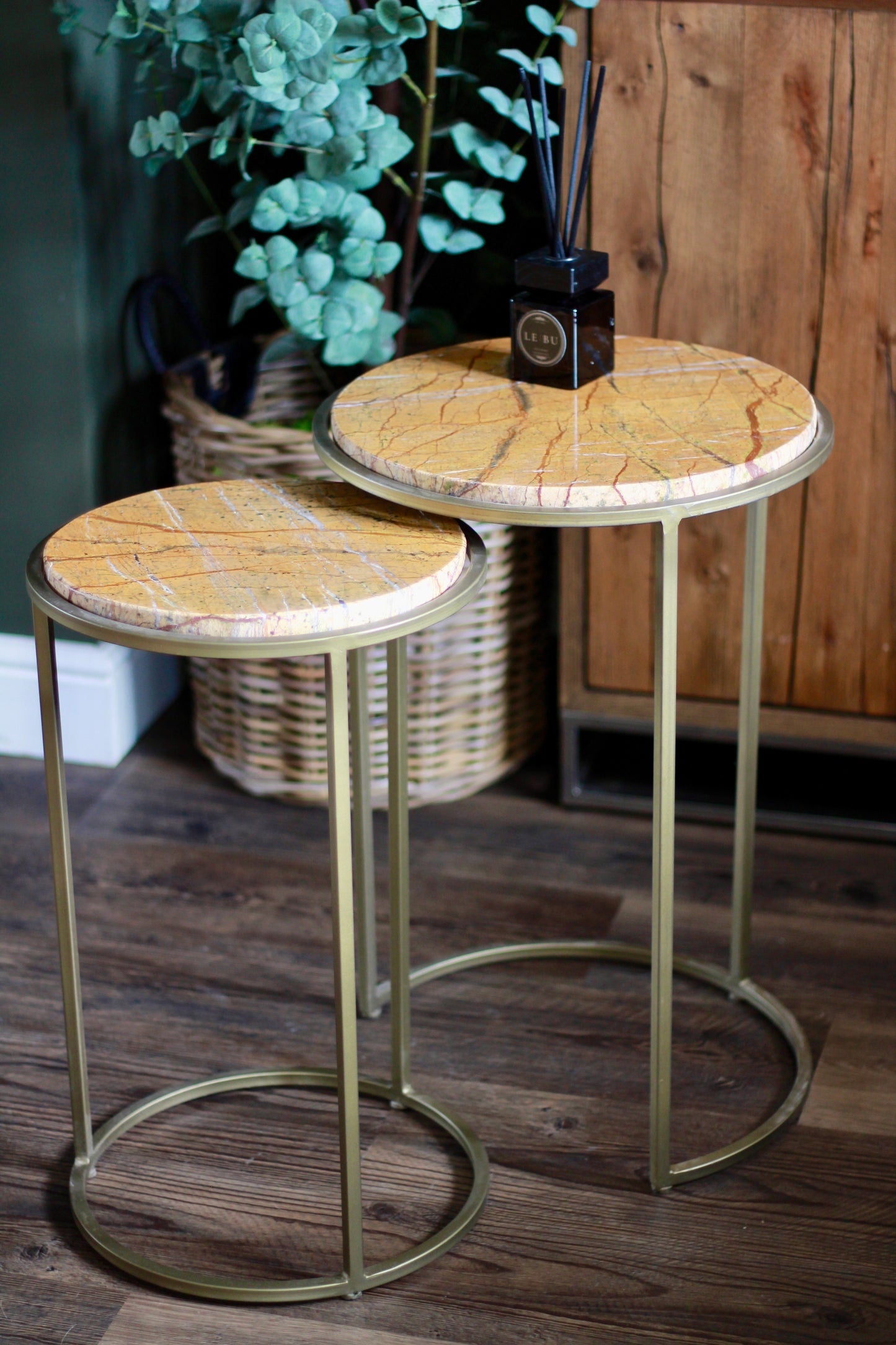 Ochre Rajasthani Marble Nest of Side Tables styled view – Leya Buster Interiors