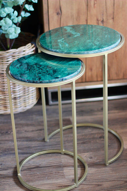 Forest Green Rajasthani Marble Nest of Side Tables styled view – Leya Buster Interiors