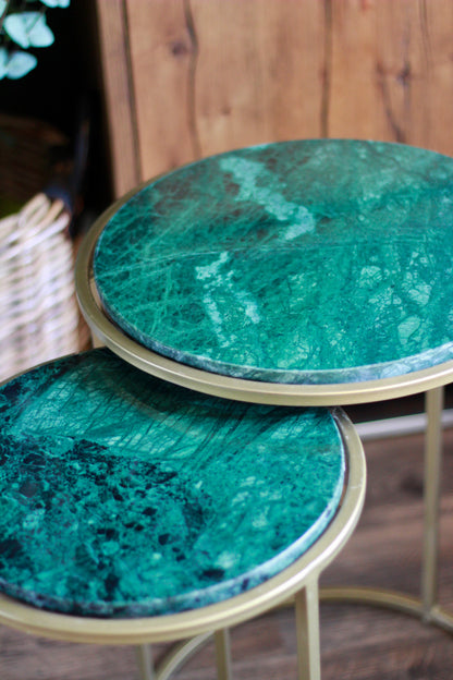Forest Green Rajasthani Marble Nest of Side Tables styled view – Leya Buster Interiors