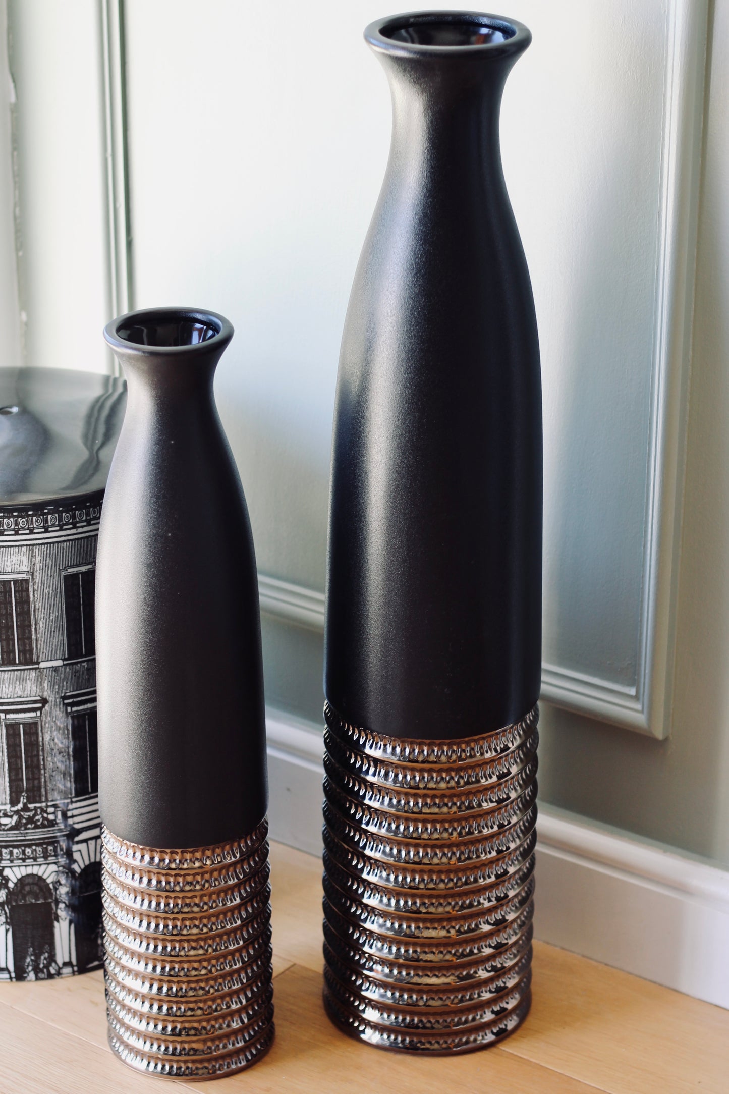 Black & Bronze Textured Floor Vase | Small & Large styled view – Leya Buster Interiors