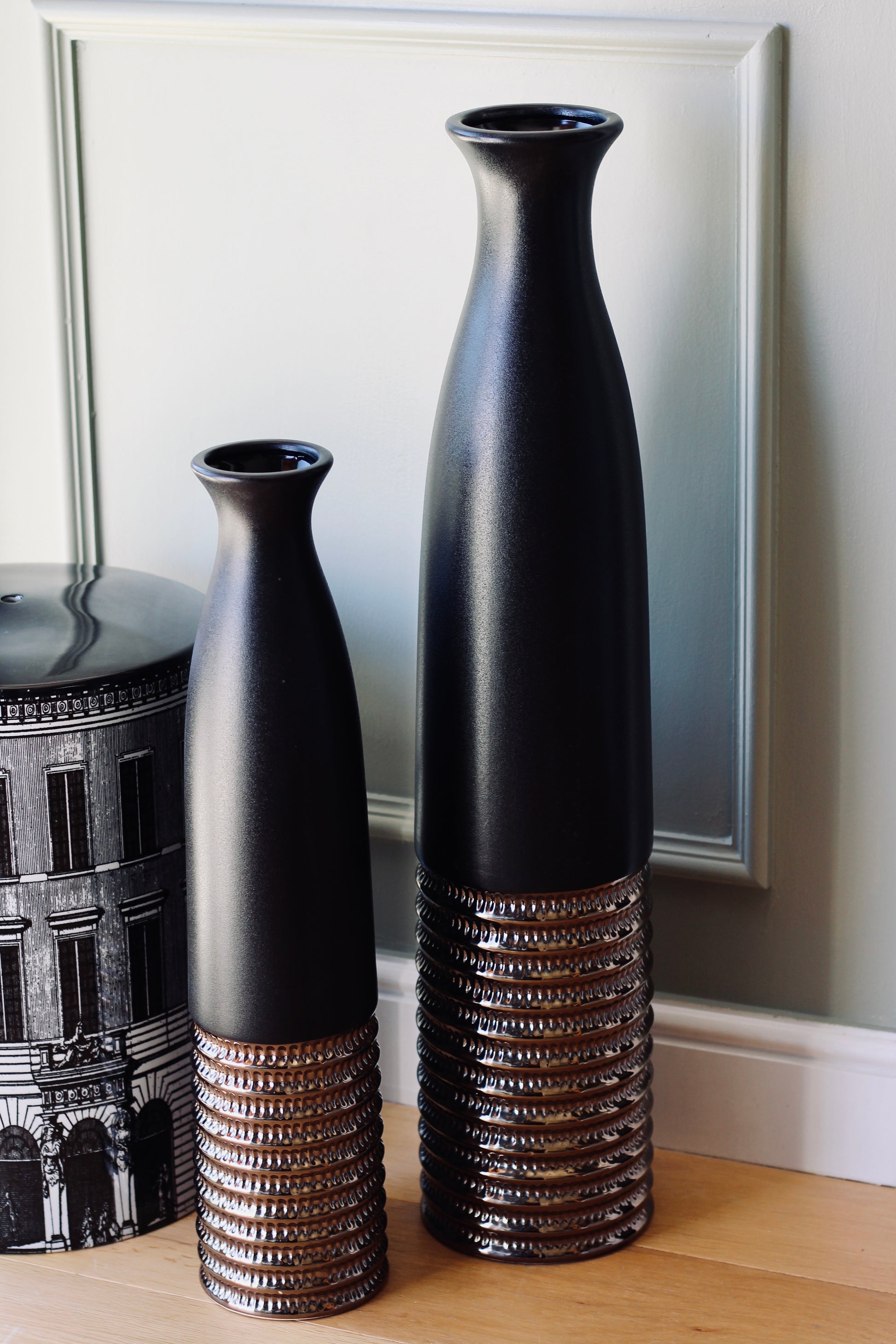 Black & Bronze Textured Floor Vase | Small & Large styled view – Leya Buster Interiors