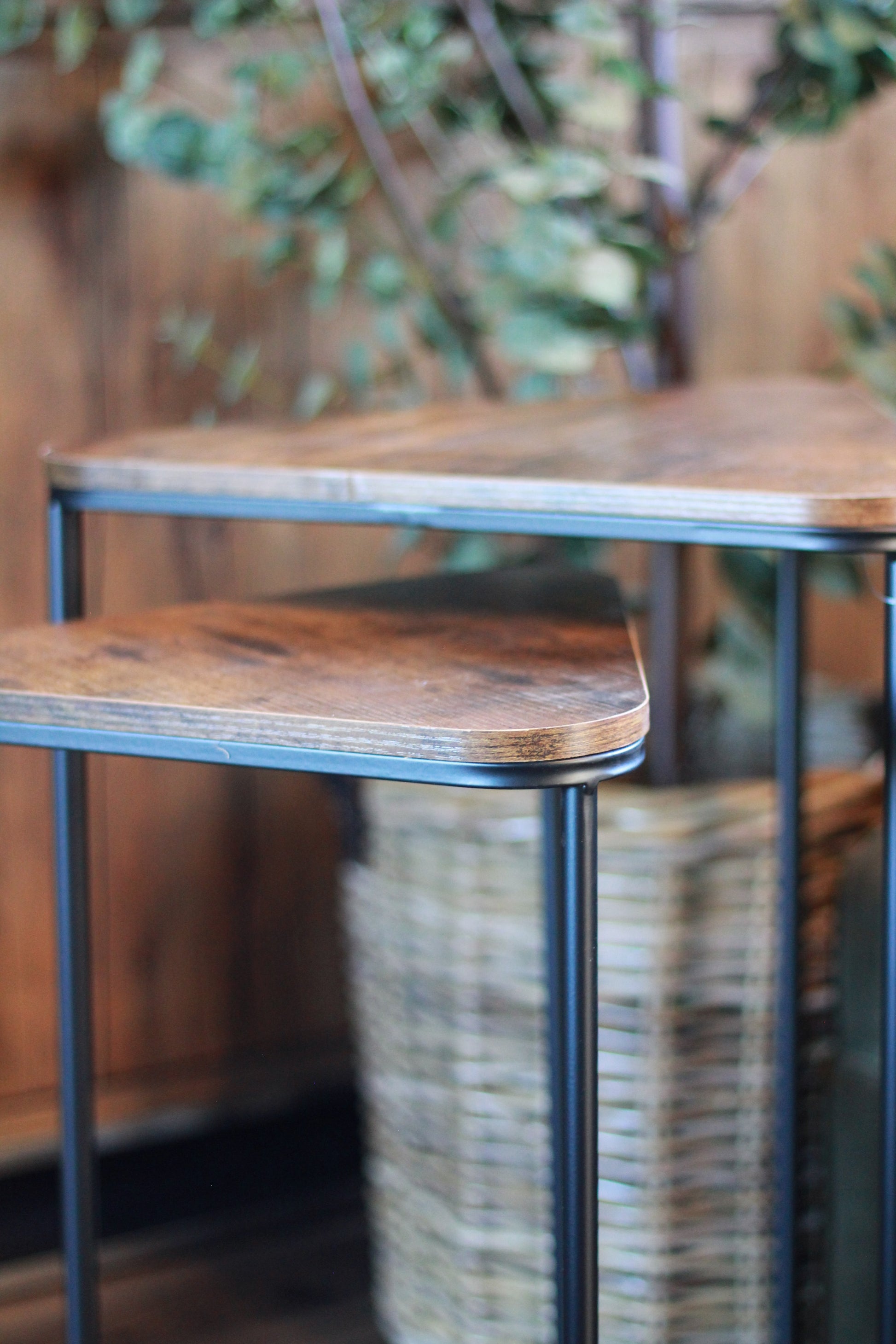 Set of 2 Wood Effect Nesting Side Tables | Black Metal Frame styled view – Leya Buster Interiors