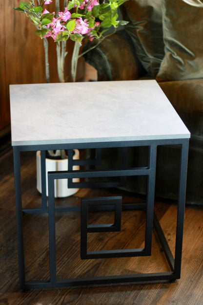 Black Metal Side Table with Marble Effect Top detail – Leya Buster Interiors