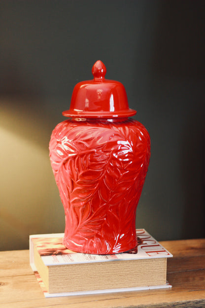 Glossy Red Leaf – Patterned Ceramic Ginger Jar – decorative vase at Leya Buster Interiors