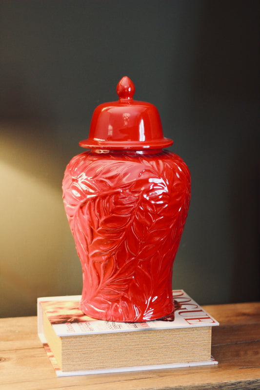 Glossy Red Leaf – Patterned Ceramic Ginger Jar – decorative vase at Leya Buster Interiors
