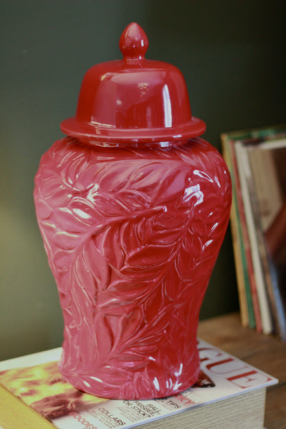 Glossy Red Leaf – Patterned Ceramic Ginger Jar styled view – Leya Buster Interiors
