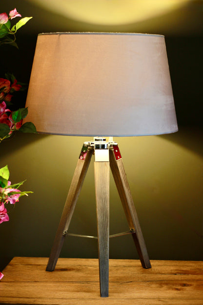 Grey Wooden Tripod Table Lamp with Velvet Shade styled view – Leya Buster Interiors