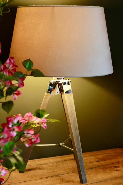 Grey Wooden Tripod Table Lamp with Velvet Shade styled view – Leya Buster Interiors