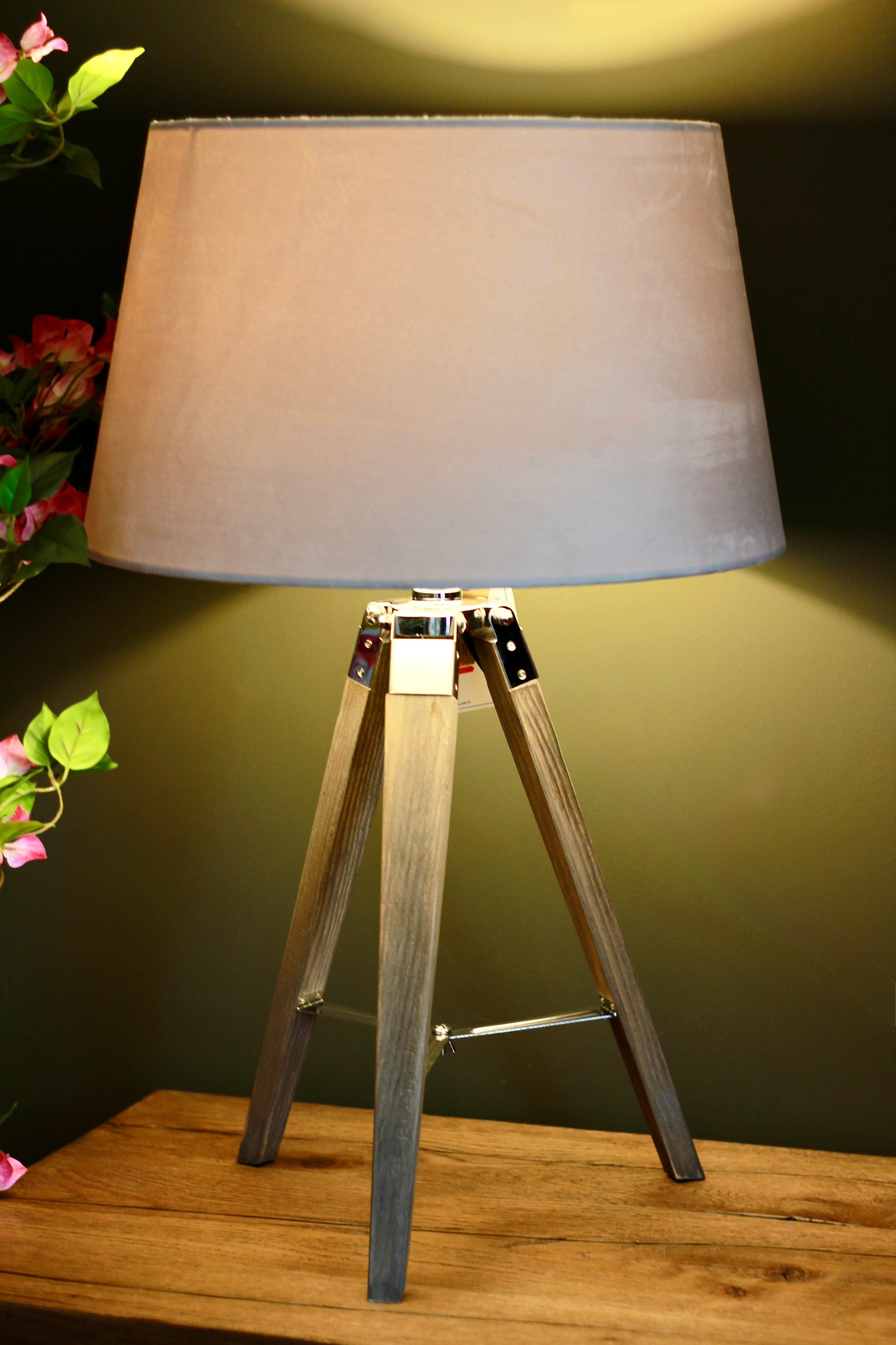 Grey Wooden Tripod Table Lamp with Velvet Shade styled view – Leya Buster Interiors