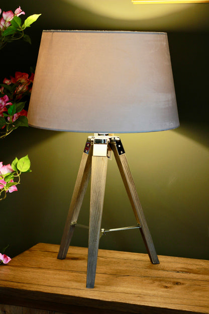 Grey Wooden Tripod Table Lamp with Velvet Shade styled view – Leya Buster Interiors
