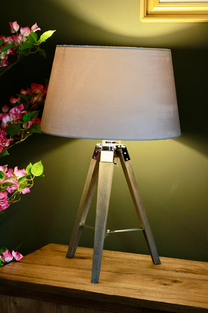 Grey Wooden Tripod Table Lamp with Velvet Shade styled view – Leya Buster Interiors